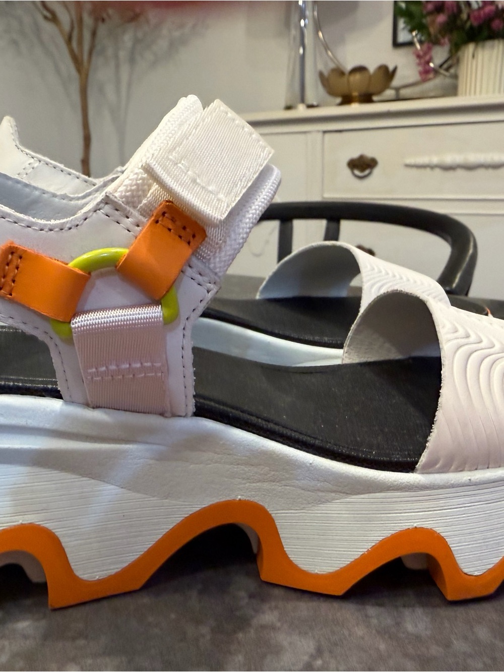 Sorel White Platform Sandal with Orange and Lime Accents
